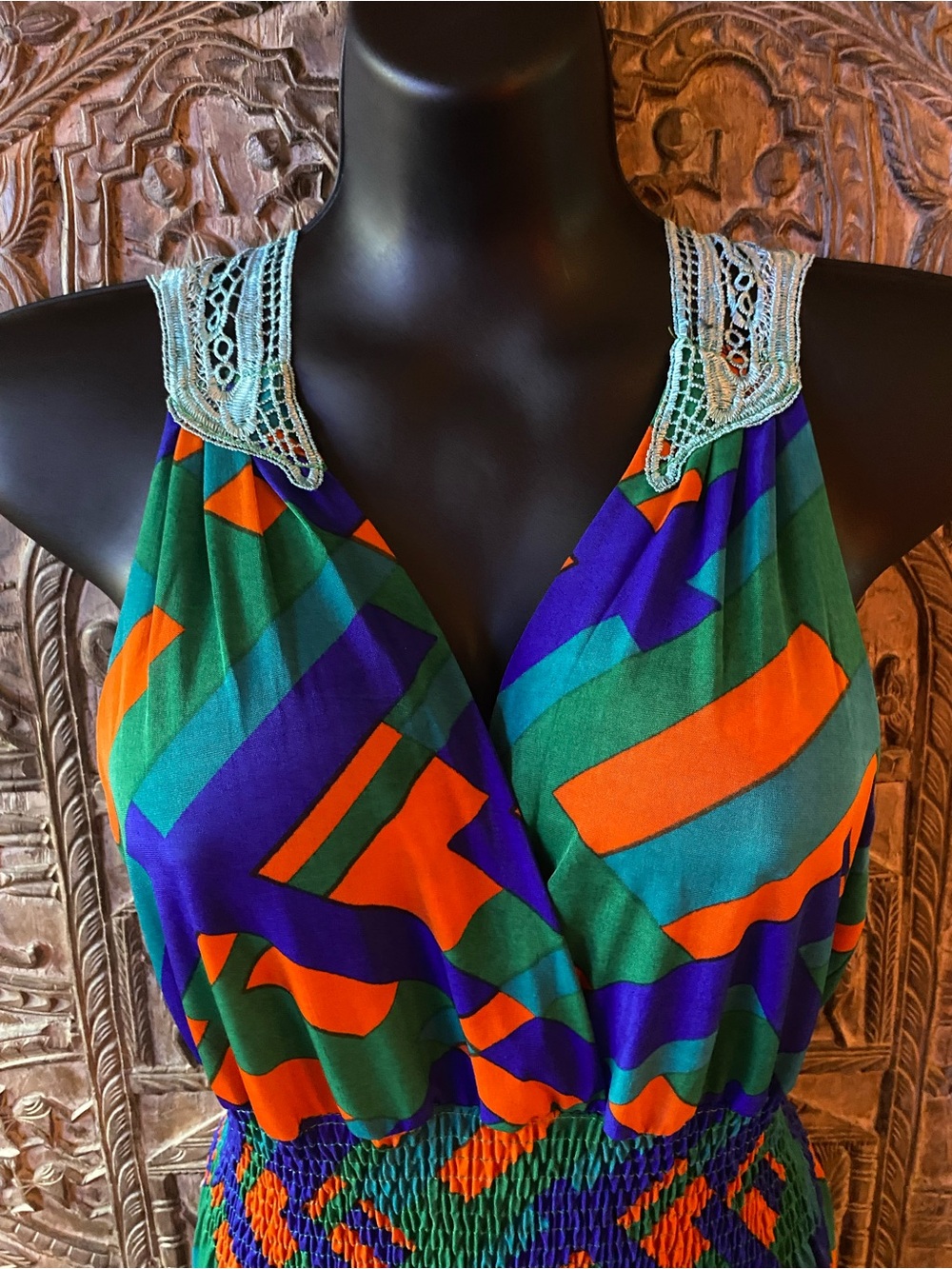 Koopoi Colorblock Crochet-Trim Maxi with Green, Purple & Orange